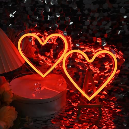 Image of Britrio Red Heart Neon Sign for Girls Room Dorm Bedroom Wall Decor Art 2 Pcs LED Neon Heart Light Sign Wedding Anniversary Birthday Party Home Decor Gifts for Mothers Valentine Battery or USB Powered