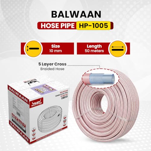 Image of BALWAAN Garden Hose Pipe | 50 Meter Length | 10 mm Size | 5 Layer Cross Braided | UV & Weather Resistant | Strong, Flexible & Leak-Proof Water Pipe | HP-1005