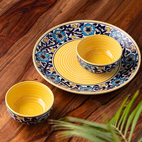 Image of ExclusiveLane 'Badamwari Bagheecha' Ceramic Dinner Plate and Bowl Set (3 Pieces, Serving for 1)|Ceramic Serving Bowls Ceramic Bowl Set Serving Bowl Set Ceramic Bowls Plate