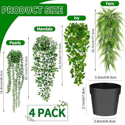 Image of Palonu Artificial Hanging Plants for Shelf, 4 Pack Fake Potted Greenery Plant Faux Mandala Vine, String of Pearls, Ivy Vine,Persian Grass Fern in Pot for Desk Home Bathroom Farmhouse Room Table Decor