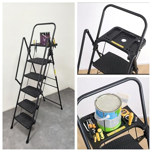 Image of 5 Step Ladder with Handrails Folding Step Stool with Tool Tray & Anti-Slip Wide Pedal for Home Kitchen Pantry Office, Lightweight Sturdy Steel Ladder with Platform for Adults