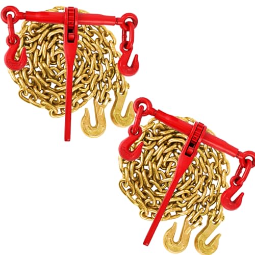 Image of 2 Pcs 5 /16'' to 3 /8'' Chain and Binder Kit, Ratchet Load Binder with Work Load Limit 9200 LBS, 5 /16''x10 FT Grade 70 Chain with Working Load Limit 6600 LBS for Heavy Duty Cargo Flatbed Trailers
