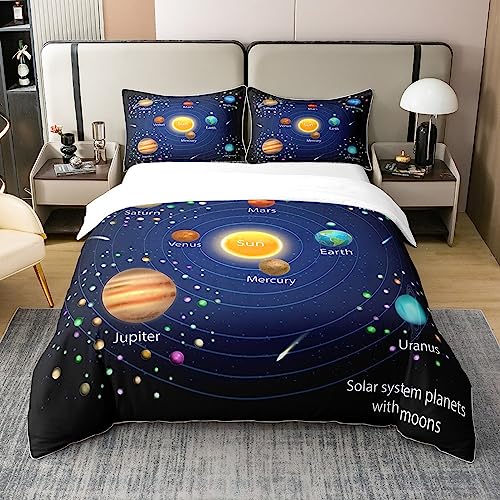 Homewish Outer Space Kids Cotton Duvet Cover,Boys Starry Sky Galaxy 100% Cotton Set Double Planet Space Bedding Set for Girls Teens Adult Bedroom Decor,Solar System Cosmos Comforter Cover,Blue Purple