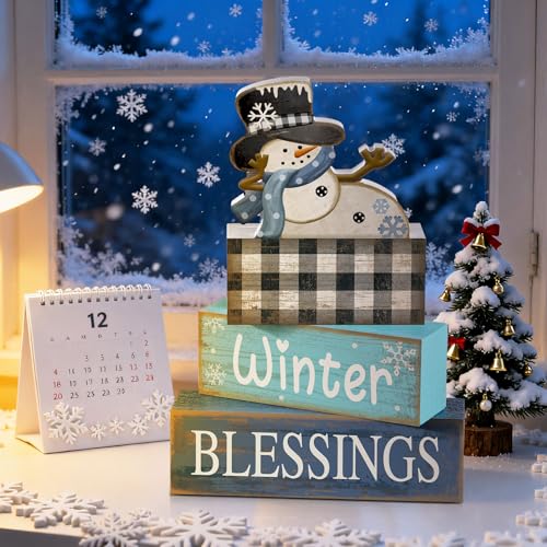 Image of Moucuny 4 Pcs Winter Table Decorations Playful Snowman Decor Indoor Winter Tiered Tray Decor Rustic Wooden Decorative Snowman Block Sign Gift Snowflake Centerpiece Farmhouse for Home Kitchen