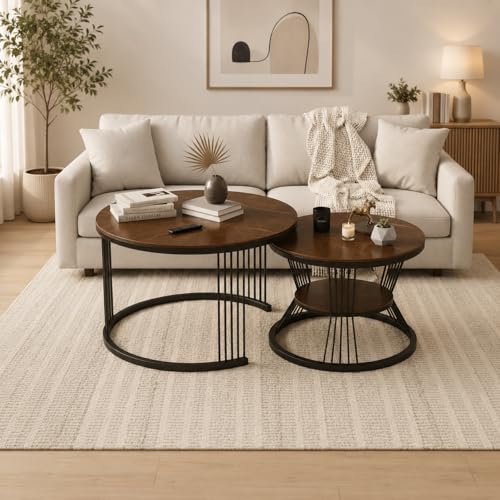 Image of Roldo Modern Nesting Coffee Table Set of 2 for Living Room, Round Coffee & Side Table with Metal Frame and Marble Finish MDF Top, Center Table for Sofa, Home Decor Office & Apartment (Black Walnut)