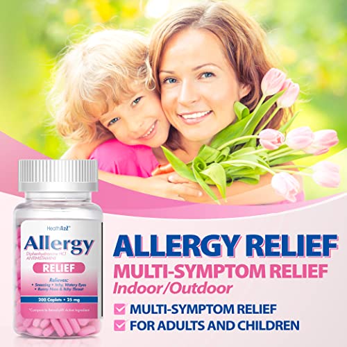 Healtha2Z® Allergy Relief | 200 Caplets | Diphenhydramine Hcl 25Mg | Antihistamine | Relief From Itchy Throat, Sneezing, Runny Noses | Indoor & Outdoors Allergies #TOP4