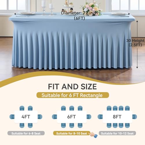 Image of Outpain Dusty Blue Spandex Table Clothes for 6 Foot Rectangle Tables-2Pack 6FT Spandex Fitted Table Cover, Wrinkle Free Tablecloths with Skirt for Parties, Wedding, Birthday, Banquet, Festival
