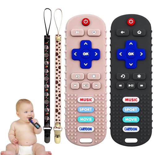 Image of 2Pack Teething Toys for Babies, Remote Control Shape Silicone Teether Toys,Baby Teethers for Toddlers Boys Girls (Black + Coral Color)