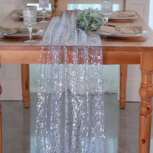 Snowkingdom 10PCS Light Blue Silver Gauze Table Runner 10ft 120 inch Glitter Sheer Cheesecloth Tulle Home Dining Table Decoration for Bridal Baby Shower Summer Wedding Birthday Holidays Party
