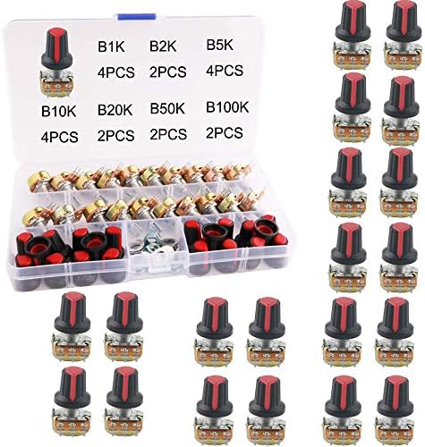 RUNCCI-YUN 20Pcs B5K B10K B20K B50K B100K Ohm Potentiometer Knob Linear Potentiometer 3 Terminal Rotary Potentiometer with Cap Nuts and Washer for Arduino Raspberry Pi and Other Projects