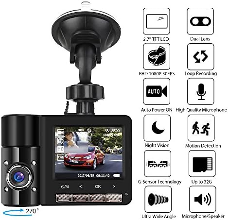 Dash Cam Dual Car Dashboard Camera Recorder with FHD 1080P, 2.31'' LCD Screen, G-Sensor, HDR, Motion Detection, Loop Recording