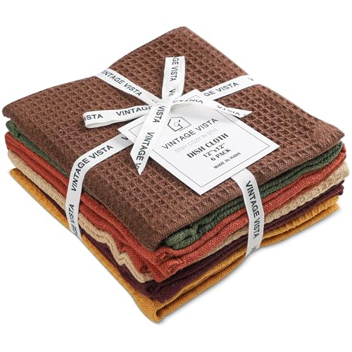 Vintage Vista 100% Cotton Waffle Dish Cloths (Pack of 6) - Dish Rags for Washing Dishes - Reusable & Highly Absorbent Kitchen Towels - Multipurpose Kitchen Rags - (12