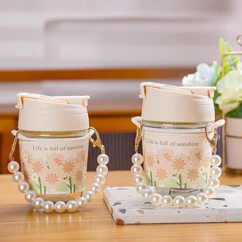 Taoyanmo Pack of 2 350 ml Glass Cups, Smoothie Cup, Airtight Waterproof Design Travel Mug, Iced Coffee Glasses, Bubble Tea Beake, Easy to Carry, Gift for Girls