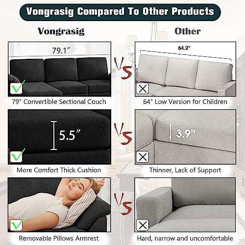 Vongrasig 79" Convertible Sectional Sofa Couch, 3 Seat L Shaped Sofa With Removable Pillows Linen Fabric Small Couch Mid Century For Living Room, Apartment And Office (Black) #TOP5