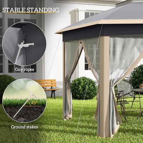 Outsunny 3 x 4m Garden Gazebo Hexagon Pop Up Gazebo Party Tent Canopy Double Roof Instant Shelter with Netting and Carry Bag for Outdoor Patio, Khaki - Image 4