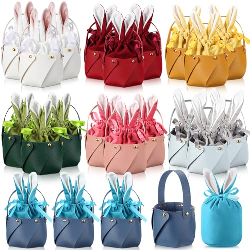 Shinylin 42 Pcs Easter Bunny Gift Bags Bunny Birthday Decor Rabbit Ear Velvet Bags with Drawstrings Candy Bag Leather Basket Buckets for Kids Gift Pouches Party Favors Toy Storage Jewelry, 7 Colors