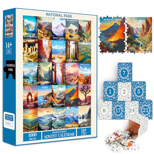 National Park Puzzle Advent Calendar 2025 for Adults & Teens, 1000 Pieces Retro National Park Posters Jigsaw Puzzle Christmas Countdown Calendar Gift for Nature Lovers