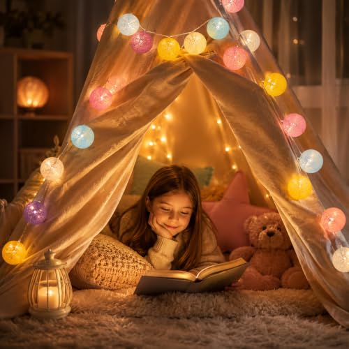 Image of One94Store Cotton Ball String Fairy Lights - 14 LED, 3 Meter, Multicolor Decorative Plug-in Lights for Diwali, Christmas, Parties, Weddings & Home Decor