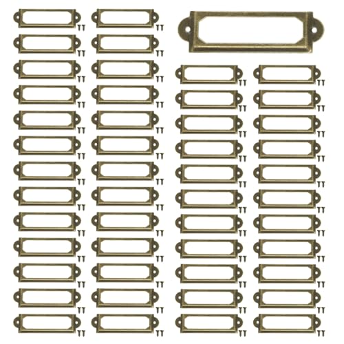 50 Pcs Label Holders Library File Drawer Tags Label Holder Metal Frame Name Card Frame for Drawer Cabinet (Bronze)