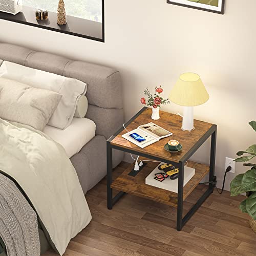 Homieasy End Table With Charging Station, 20 Inch Square Side Table With Usb Ports & Power Outlets, Industrial Nightstand With 2-Tier Storage Shelf, Mini Fridge Stand For Small Spaces, Rustic Brown #TOP5
