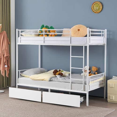 Bonnlo Metal Bunk Bed Single over Single Loft Bed Frame with Ladder and Safety Guardrail Bedroom Dorm Apartment Furniture Space-Saving Twin Bunk Bed with Drawer for Kids Teens Adults (White)