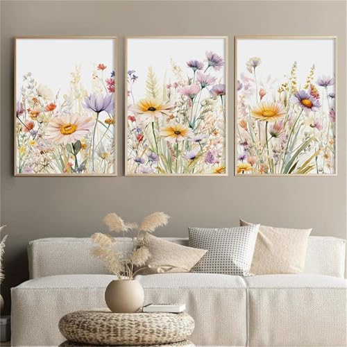 champracer Juego de 3 cuadros para salón, acuarela, flores, decoración de pared, lienzo, sin marco, flores, póster artístico para dormitorio, oficina, decoración de pared (21 x 30 cm, A)