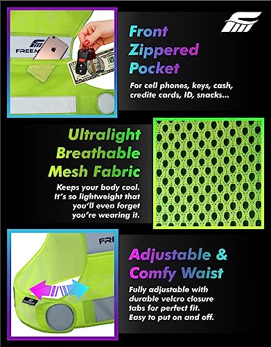 Freemove Reflective Vest Running Gear + 2 Bands & Bag/Ultralight & Comfy Safety Vests With Front Zip Pocket > High Visibility Reflector > For Men, Women > Running, Dog Walking Or Cycling #TOP3