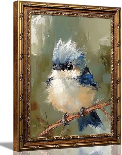 Dougepce 3D Texture Oil Painting,Vintage Gold Framed Wall Art,Blue Bird Wall Art Canvas Prints, Birds on Tree Pictures Wall Decor, Birds Artwork Paintings for Bedroom Wall Decor (Blue 11''Lx9''W)