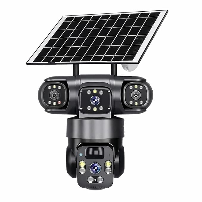 Image of JB Supar 3 Lens Solar 4G Powered PTZ Outdoor CCTV Camera | 360 View | Color Night Vision | Two Way Audio | 4G SIM-Based Security Camera for Home with Mobile App V380 Pro (3 Lens Solar)