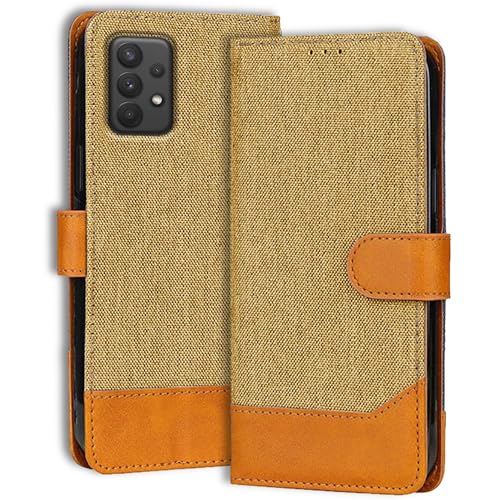 Image of Flip Cover for Samsung A32 5G | Denim & Leather | Luxury Wallet Folio | Two-Tone Design | Shockproof Wallet Style Flip Case for Samsung A32 5G (Light Brown)