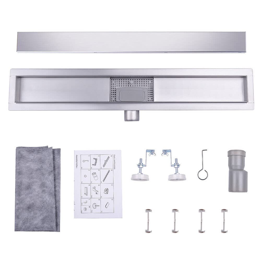 Duschrinne 60 cm Befliesbar Edelstahl komplettset Duschablauf Extra Flach Siphon mit Geruchsstop und Haarsieb Duschabfluss Bodenablauf Größen 30cm -100cm Ablaufrinne für Badezimmer