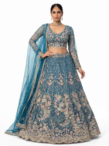 Image of Embroidered Bridal Lehenga Choli Set, Teal Blue, Floral Embroidery, with Dupatta, for Weddings and Festive Occasions