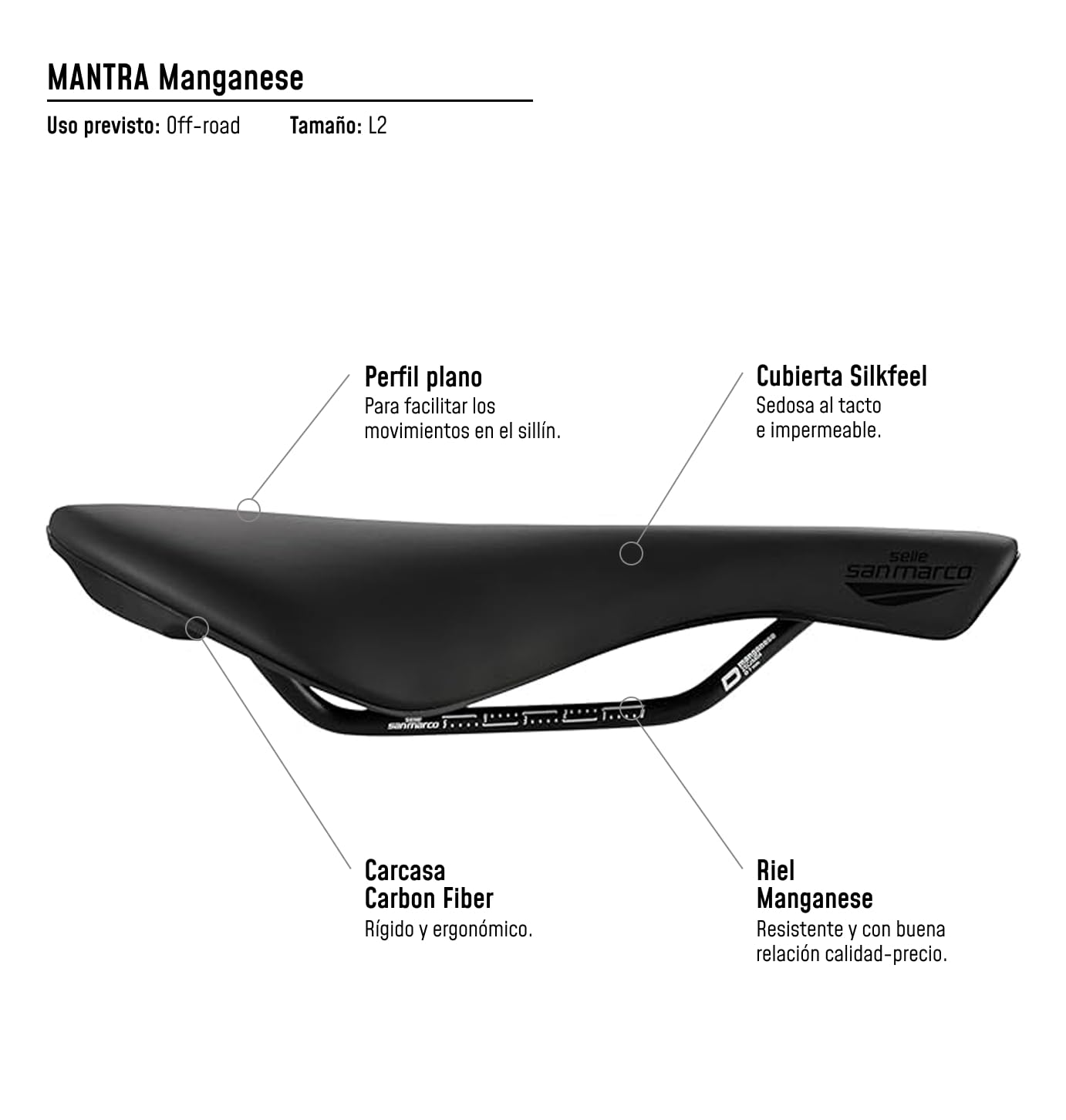Selle San Marco Mantra Manganese - Sillín Bicicleta Off-Road, Trail, Cross Country, Agujero Anatómico, Funda Protectora, Rail Manganeso - Negro, L2