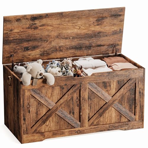 41.3″ Storage Chest, Large Wooden Storage Bench with Lift Top, Storage Trunk with 2 Safety Hinges, Multifunctional Entryway Organizer Toy Chest for Living Room, Bedroom, Rustic Brown