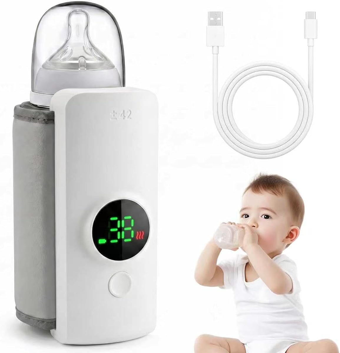 Portable Baby Bottle Warmer for Travel, Cordless Bottle Warmer for Breast Milk & Formula, USB-C Rechargeable, 6 Temperature Settings, Fits Most Baby Bottles
