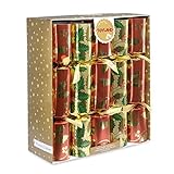Toyland Pack of 10-36cm Luxury Red, Green & Gold Foil Christmas Party Favours with Holly Design - Tree Decorations