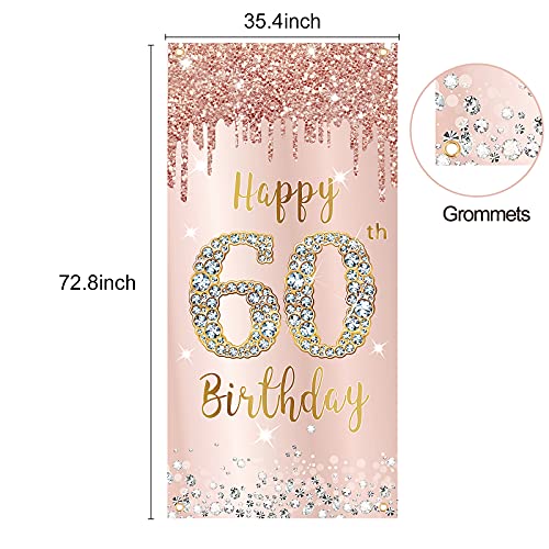 Image of 60th Birthday Door Banner Decorations for Women, Pink Rose Gold Happy 60th Birthday Door Cover Backdrop Party Supplies, Large Sixty Year Old Birthday Poster Sign Decor