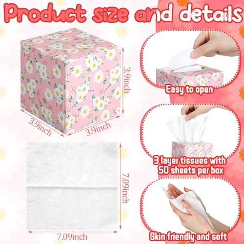 Image of Fourluoo 12 Pack Daisies Floral Facial Tissues Cube Boxes 600 Sheets 3 Ply | Summer Pink Daisy Floral Pattern Face Tissue Bulk for Car Bedroom Office Supplies, Disposable Tissue Cube Box