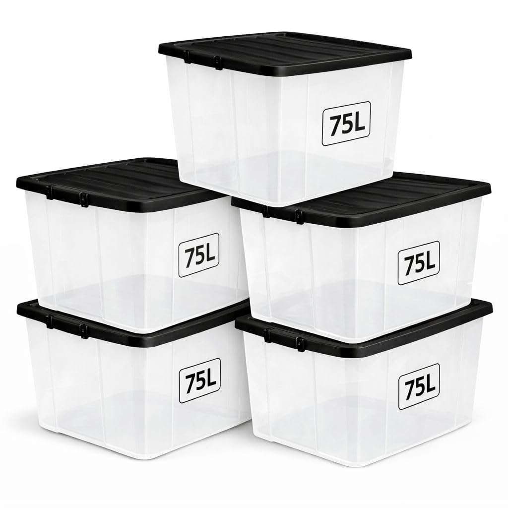 1ABOVE 5 Pack 75L Clear Plastic Storage Boxes with Black Lids – Strong BPA-Free Stackable & Nestable Storage Containers for Home, Office, Kitchen & Garage