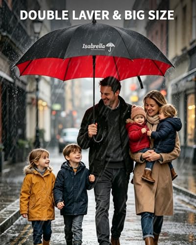 Image of ISABRELLA Umbrella for Men Big Size, Large Golf Umbrella with Fiberglass Shaft, Anti-slip handle, One-Click Auto Open, 60 Inch Big Umbrella for Men, Women, Family - Ideal for 3-4 People