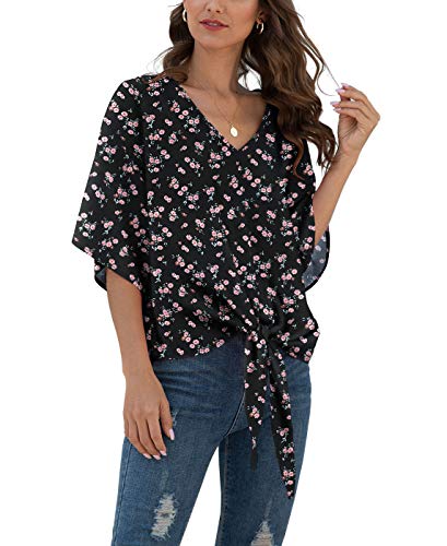 Image of VIISHOW Womens Tie Front Chiffon Blouses V Neck Batwing Short Sleeve Summer Tops Shirts
