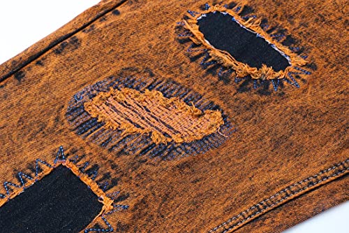 Utcoco Ripped Jeans For Men Slim Fit Straight Leg Distressed Patches Denim Pants Brown 34 #TOP3