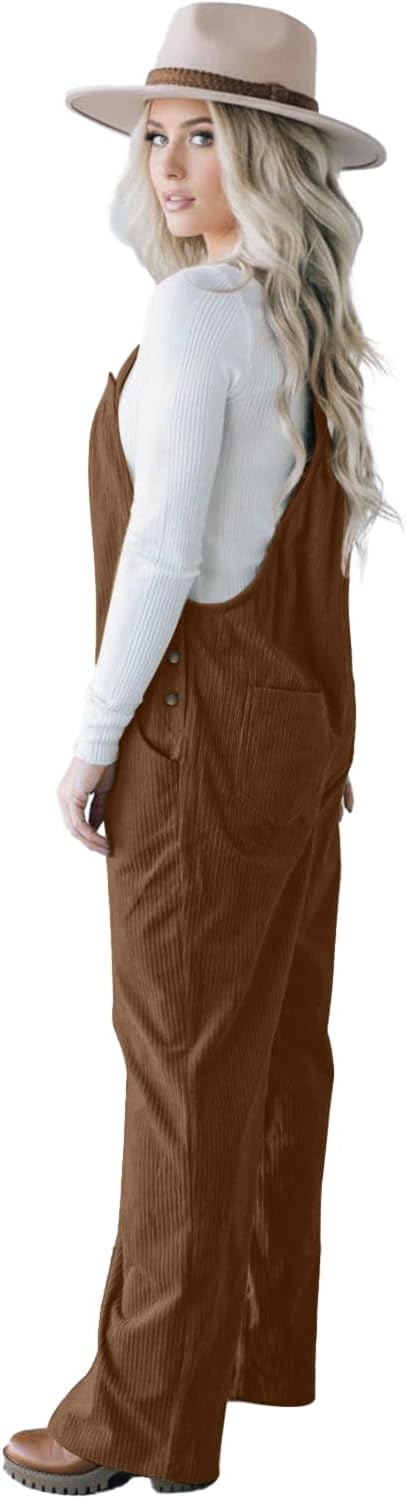Jumpsuits for Women Casual Corduroy Overalls Adjustable Straps Wide Leg Rompers Sleeveless Jumpsuit with Pocket - Image 2