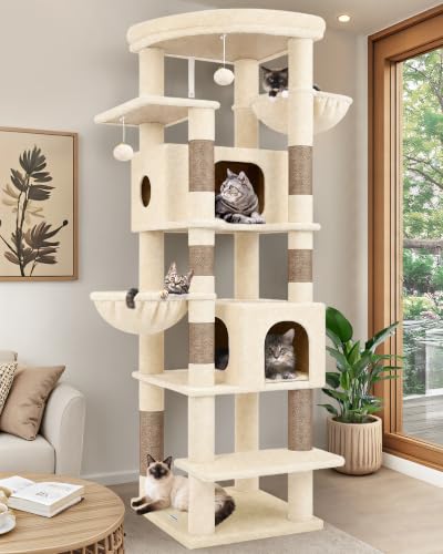 Image of Globlazer Heavy Duty Cat Tree, 74in Sturdy Cat Tower for Large Cats Adult, Big Cat Tree with 7 Sisal Scratching Posts, 2 Padded Condos, 2 Dual-Ear Hanging Baskets, Enlarged Top Perch, S74, Beige