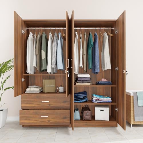 Image of VIKI Wardrobe |Wooden Almirah for 4 Door 2 Drawer with Shelves & 2 Hanging Space Mirror Wardrobe (Brussel Walnut - 40D x 160W x 180.8H) | 1 Year Warranty | Free Assembly