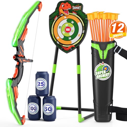 HYES Bow and Arrow for Kids, LED Light Up Archery Set with 12 Suction Cup Arrows, 1 Standing Target, 3 Score Targets & 1 Quiver, Indoor Outdoor Sport Gifts for Boys Girls Ages 4-12, Green
