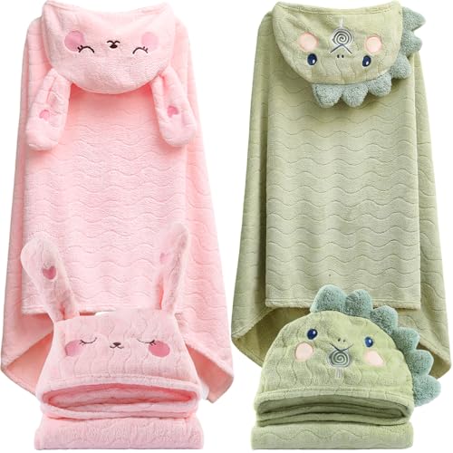 BEFACL Hooded Towel for Kids, 2 Pack Ultra Soft Coral Fleece Kids Bath Towels, Absorbent Toddler Towels with Hood Age 0-10 Years for Infant, Kids - Large 27.5 X 55 inch (Pink Rabbit & Green Dinosaur)