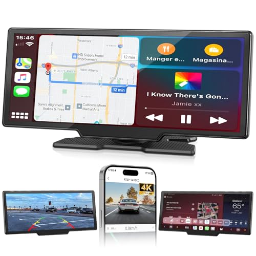 10.26 Inch Car Play Display - Wireless Android Car Display Carplay Display with Navigation 4K Dash Cam 1080P Reversing Camera IPS Touchscreen Bluetooth Mirror Link Split Screen FM Radio/AUX 64G TF