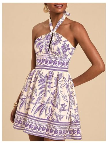 Image of SOLY HUX Tropical Vacation Dress for Women Halter Tie Backless Sundress Sleeveless A Line Short Summer Dresses