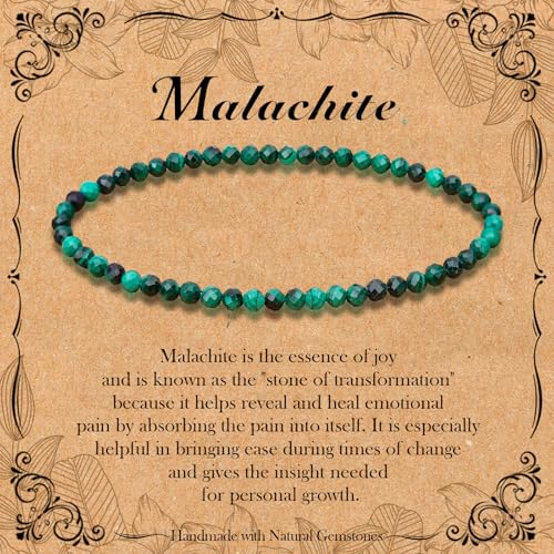 BONNY BOXX Natural Genuine Gemstone Faceted Round Beads Bracelets, 3mm Adjustable Stretchy Tiny Faceted Malachite Bracelet, Healing Crystal Reiki Chakra Dainty Jewelry Fashion Gifts